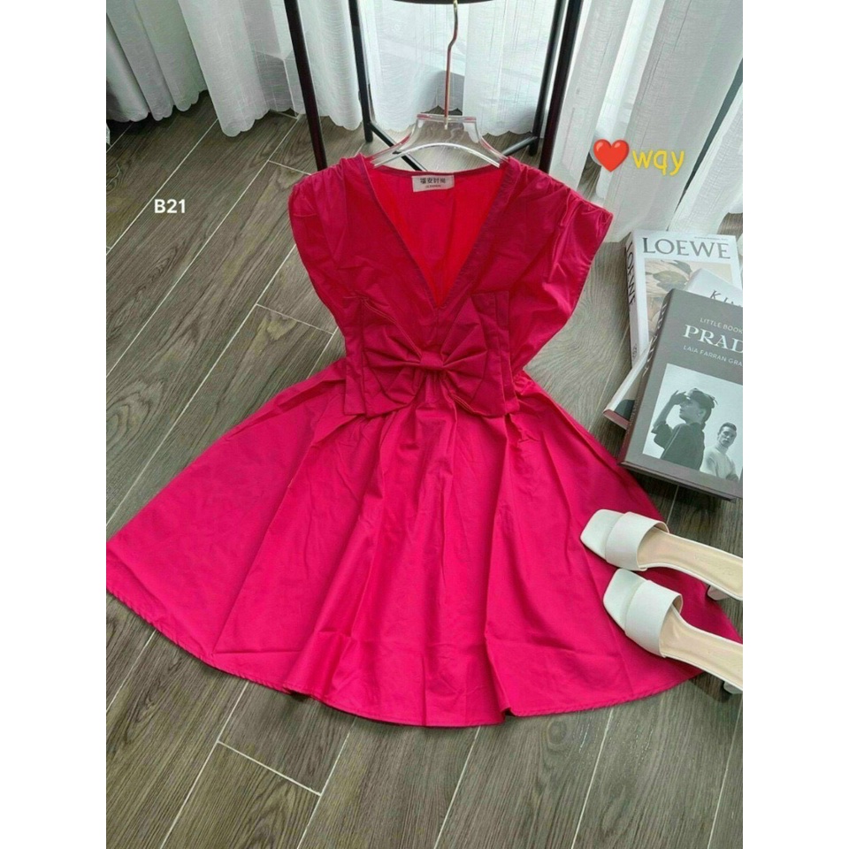 Đầm váy xoè thời trang nữ chất siu cao cấp cổ v tay ngắn có nơ to trước ngực