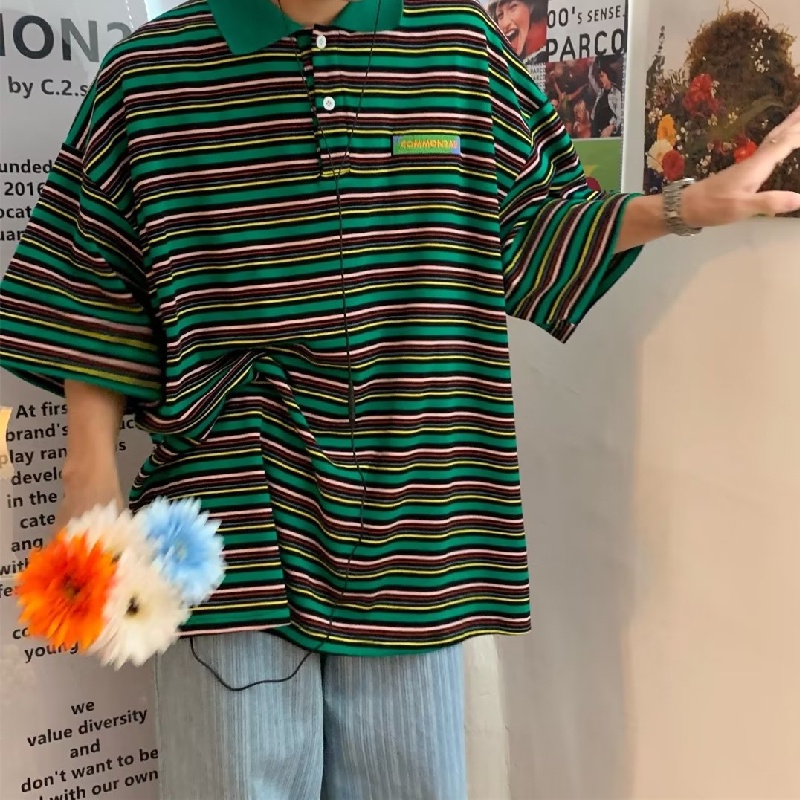 Áo Thun polo Tay Ngắn Dáng Rộng Thoáng Khí In Họa Tiết Kẻ Sọc Phong Cách hip hop Thời Trang Mùa Hè Cho Nam