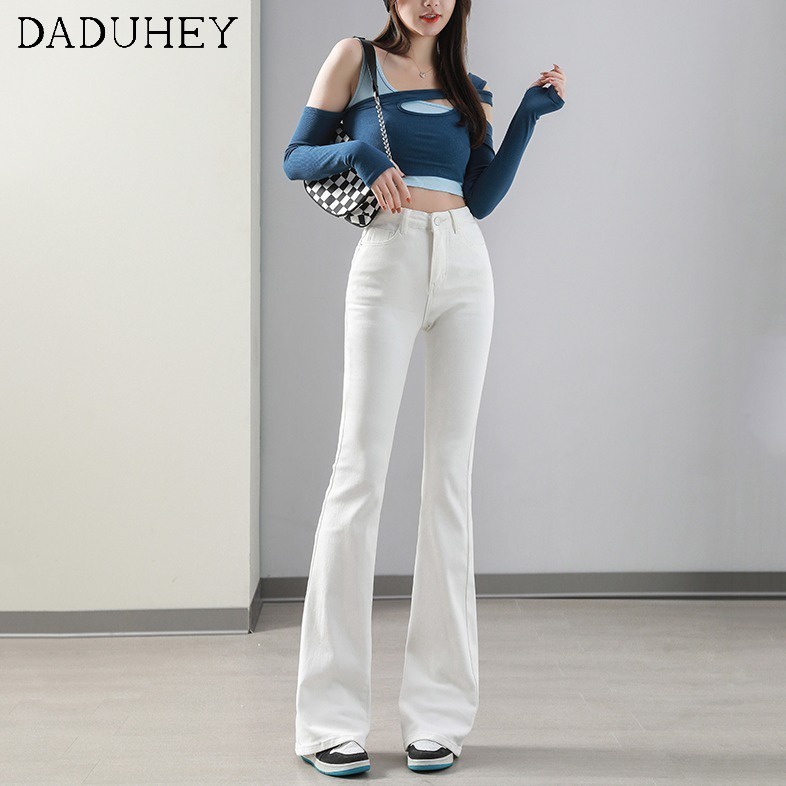 Quần jean DADUHEY ống loe gấu ngắn lưng cao dáng ôm co giãn màu nâu phong cách retro cho nữ