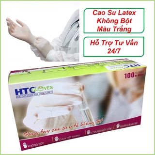 Găng tay y tế HTC Gloves không bột, cao su Latex màu trắng thùng 10 hộp 100 cái/hộp.