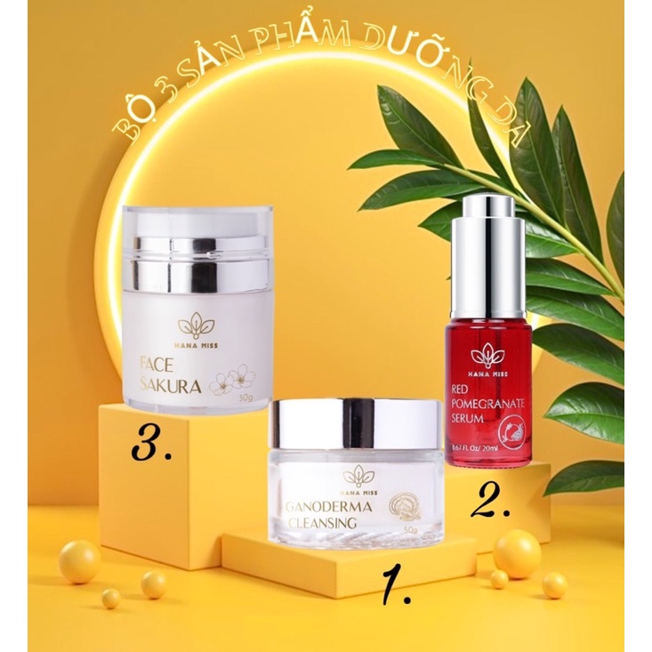 (Tặng 9 mặt nạ) BỘ 3 COMBO DƯỠNG DA HOÀN HẢO [Hana Miss] Serum lựu đỏ,kem sakura,bột rửa mặt linh Chi