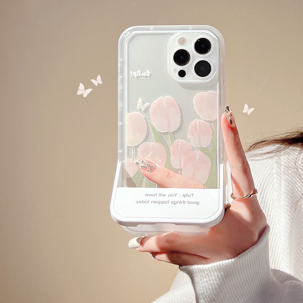 Casing For IPhone 13 12 11 7 8 Plus X Xs Xr Pro Max 7+ 8+ SE 2020 Xsmax Promax 13Promax 12Promax 11Promax tulip Lucky Words Invisible folding bracket Phone Case Flower Stand Back Cover TX 05