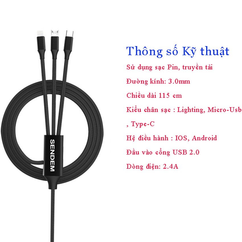 [Freeship] Cáp sạc đa năng 3in1 Sendem M10 - dây sạc dù 3 trong 1, chân Lightning, Micro Usb, Type-C, tải nhanh tiện lợi