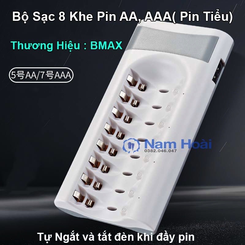 Bộ Sạc 8 Pin AA/AAA BMAX BH-08U Dùng điện 220V Tự Ngắt cho micro karaoke, đồ chơi, chuột máy tính, máy ảnh