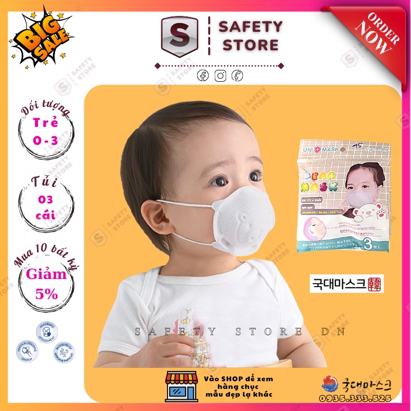 Khẩu Trang Gấu Sơ Sinh Uni Mask Cho Bé 1 - 3 tuổi, lọc bụi kháng khuẩn - Set 3 Cái.