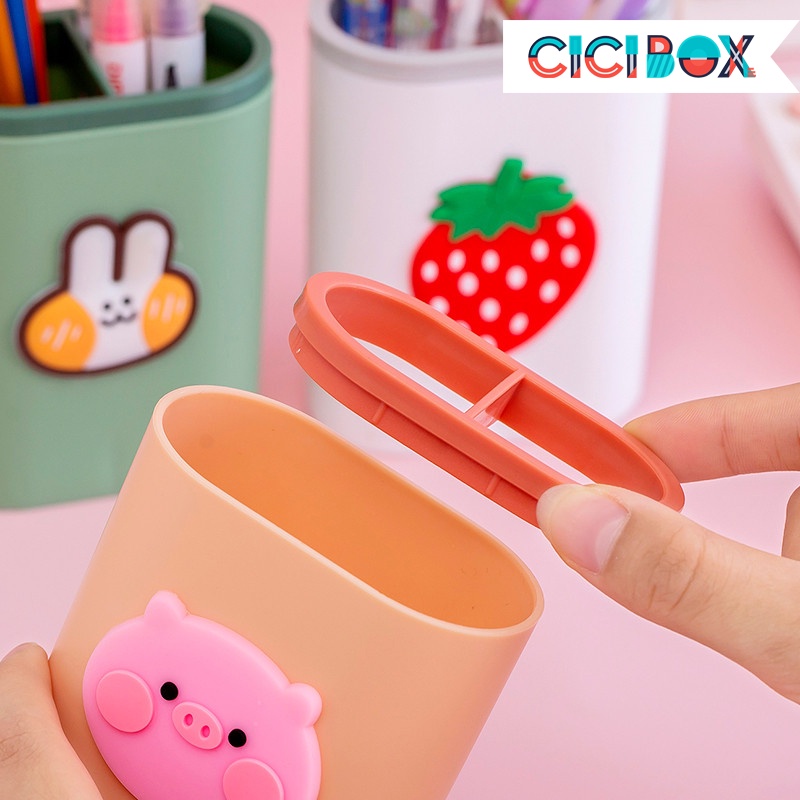 Ống cắm bút  hộp đựng bút 2 ngăn kèm hình dễ thương, ống cắm bút nhựa nhiều màu sắc CICIBOX