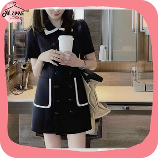 Đầm đen hai túi phối viền trắng