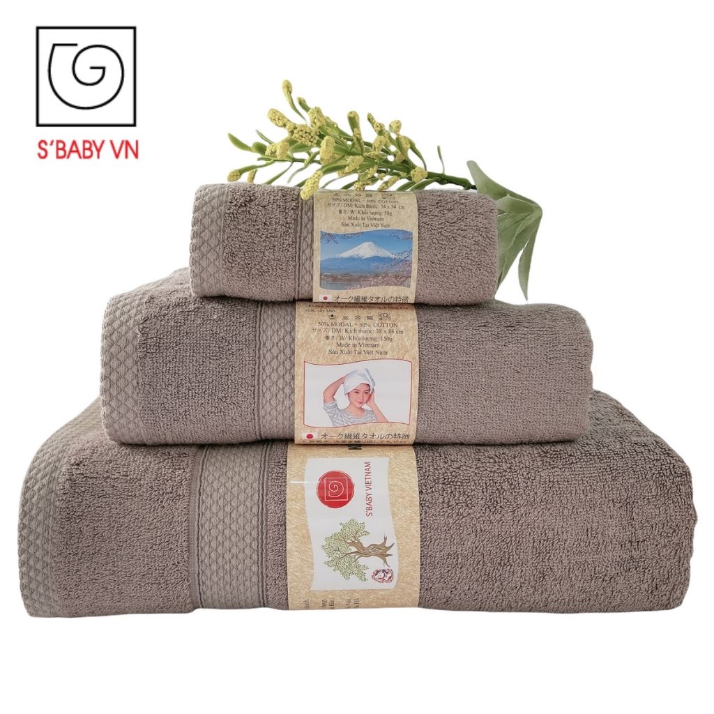 Combo 3 Khăn  S'BABY Sợi Sồi Cao Cấp Mềm Mịn,Thấm Hút Nhanh- CB000004