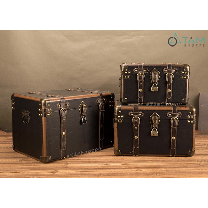 Rương gỗ cổ điển bọc da Vintage đinh tán có khóa RG-03