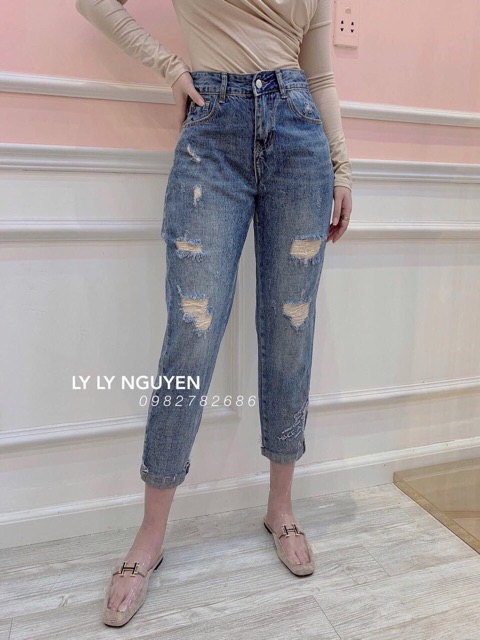 Quần baggy jean rách in gấu và logo, kèm hình thật
