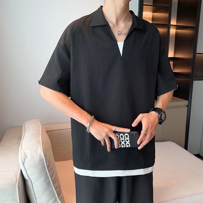 Áo Thun Polo Tay Ngắn Cổ Chữ V Màu Trơn Dáng Rộng Phong Cách Hàn Quốc Thời Trang Mùa Hè Dành Cho Nam Size M-2XL