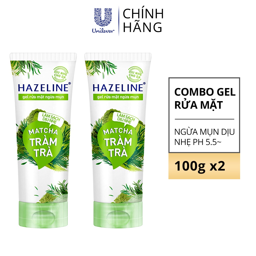 Combo 2 tuýp Gel rửa mặt ngừa mụn Hazeline Matcha Tràm Trà 100g