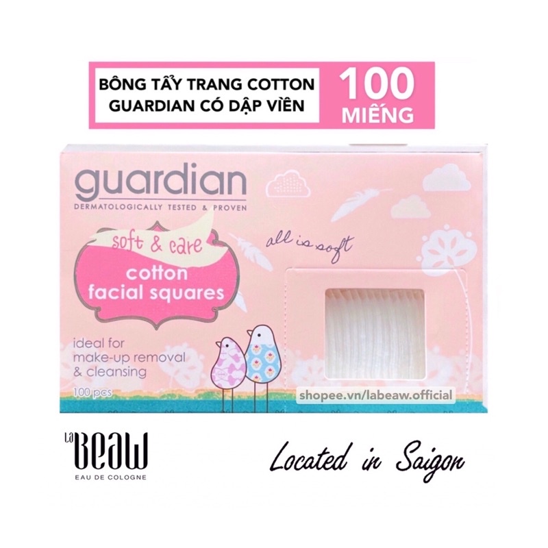 Bông tẩy trang cotton GUARDIAN vuông hộp 100 miếng có dập viền (dày hơn bông tẩy trang Cotton Pads)