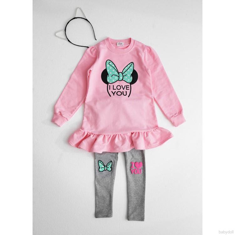 Set quần áo dài tay họa tiết chuột Minnie đáng yêu cho bé gái