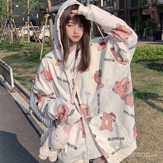 Áo khoác hoodie dáng rộng in họa tiết gấu phong cách thu đông Hàn Quốc xinh xắn cho nữ