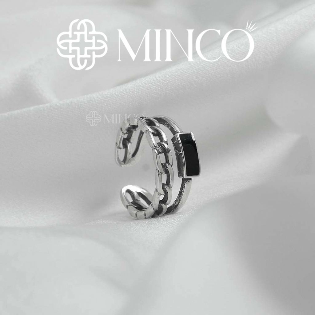 Nhẫn nữ chain Minco Accessories thiết kế free size đính đá đen hình vuông phối xích phong cách cá tính NT102-3