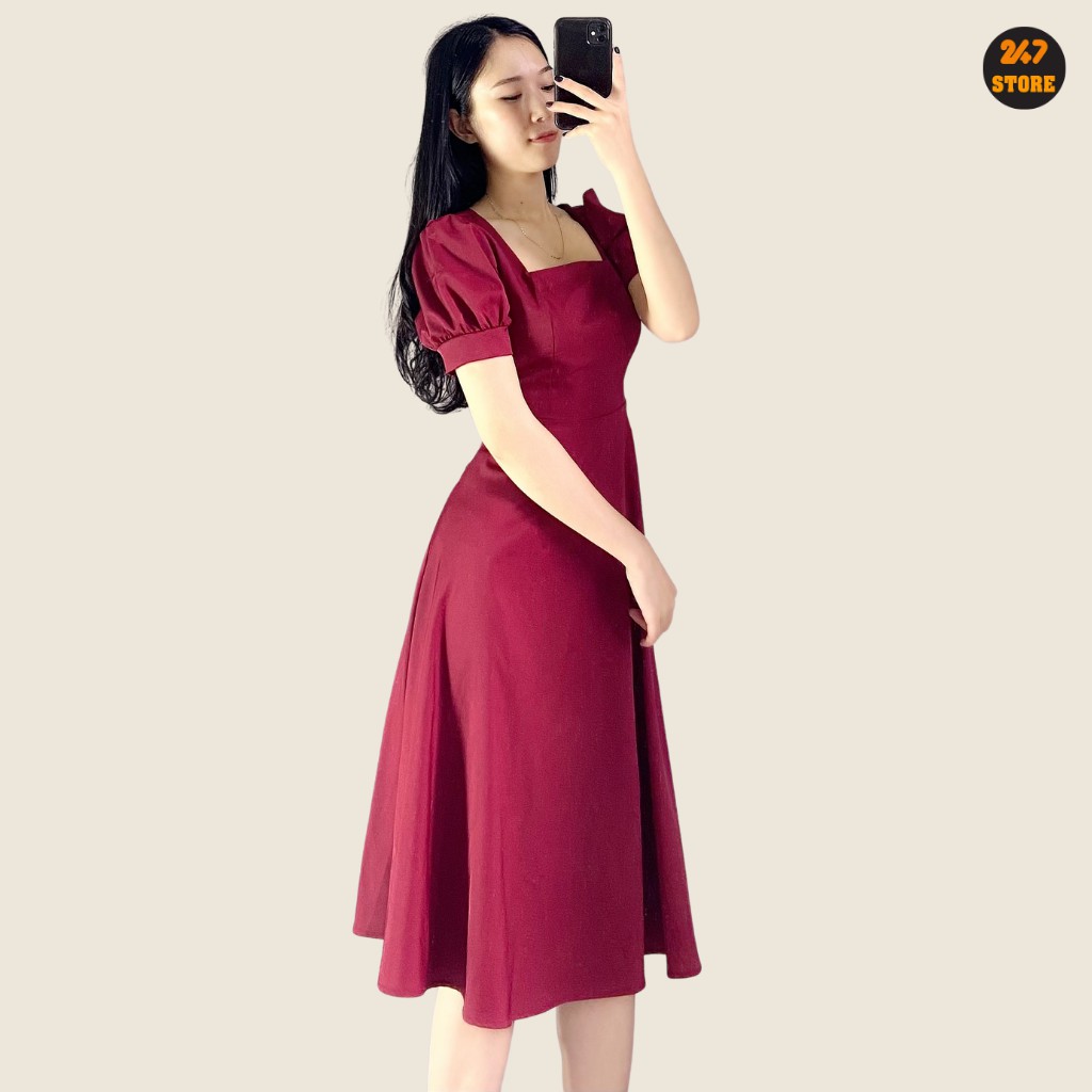 Váy Cổ Vuông Dáng Xòe Tay Bồng Cộc Tay 2 màu cực xinh 247store | BigBuy360 - bigbuy360.vn