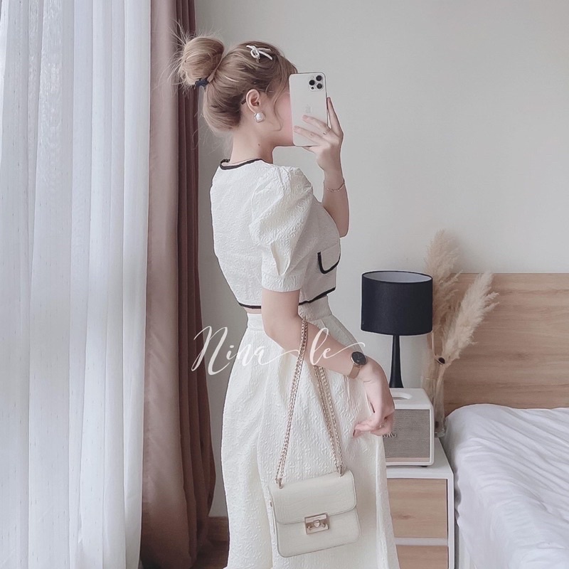 Set bộ xốp áo sơ mi crt tay bồng viền đen mix chân váy midi dài siêu xinh l1 ptp su