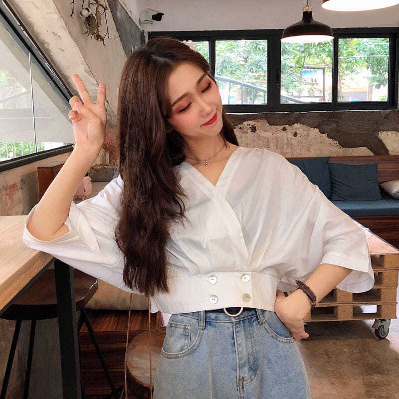 Áo Sơ Mi BH Trắng Cổ Chữ v Thời Trang Dành Cho Nữ