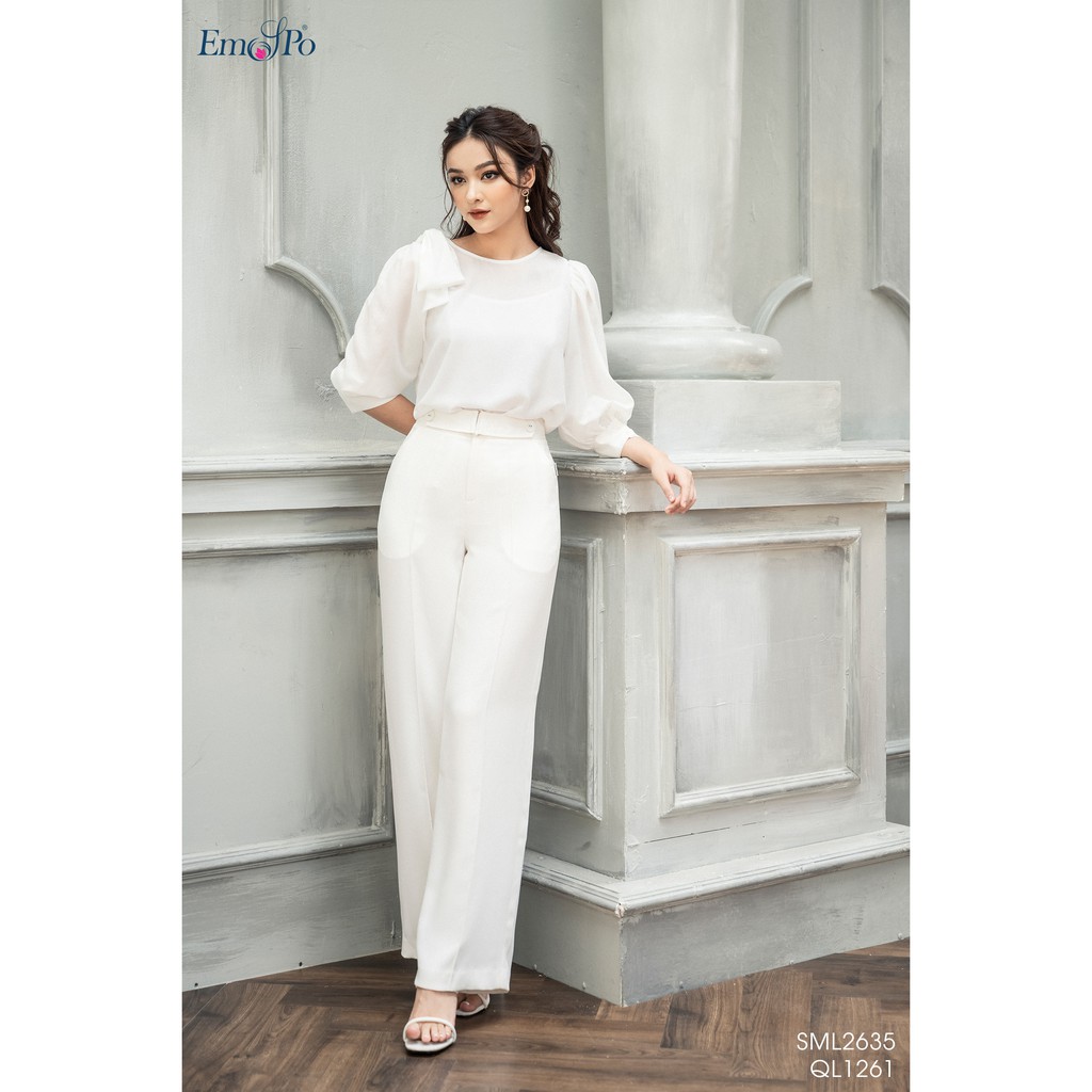 Áo Sơ mi cổ tròn Emspo Milestone, tay bồng, nơ cài, lót áo dây SML2635