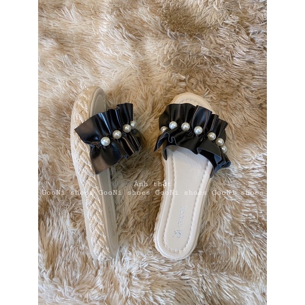 Dép quai ngang, đế bánh mì đính ngọc bánh bèo đế cao trống trơn trượt dành cho nữ