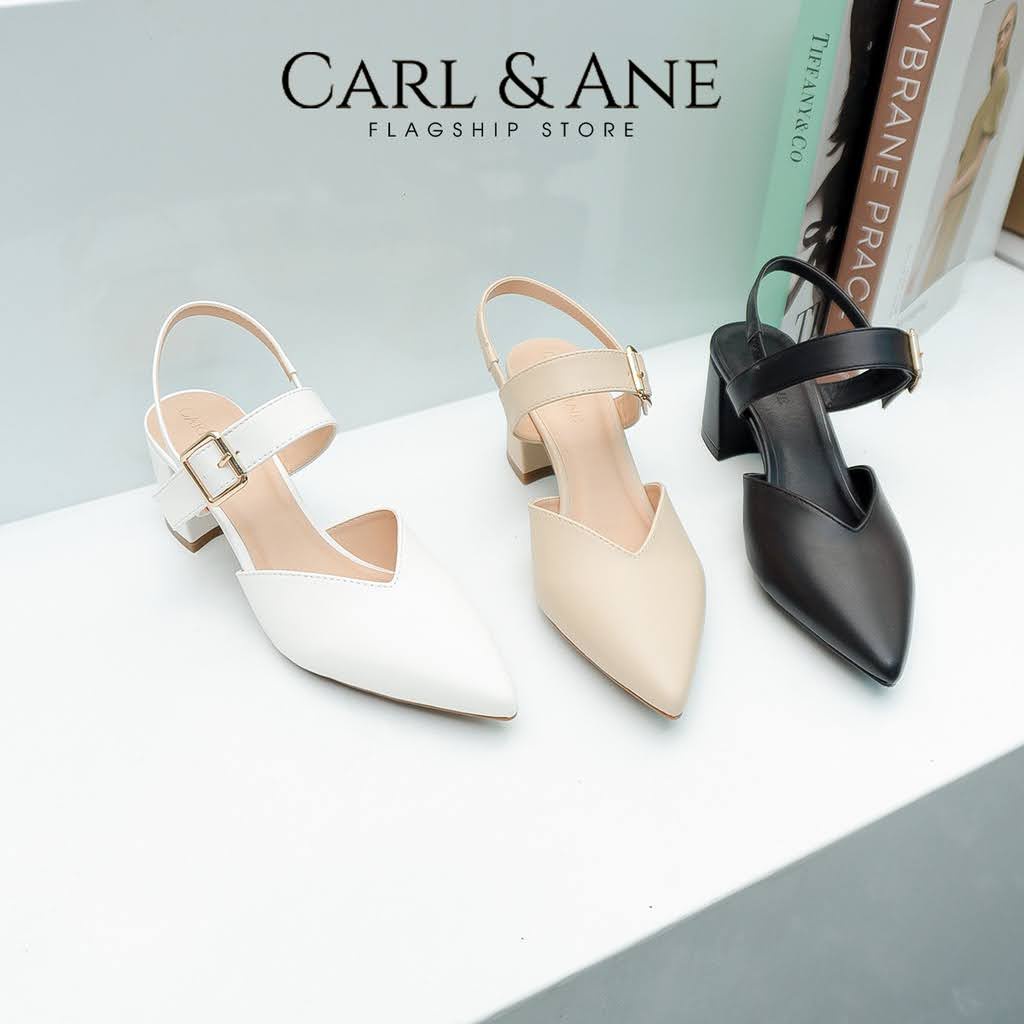 Carl & Ane - Giày sục nữ Carl & Ane 2022 kiểu bít mũi phối quai ngang khóa màu đen cao 6cm _ CL018