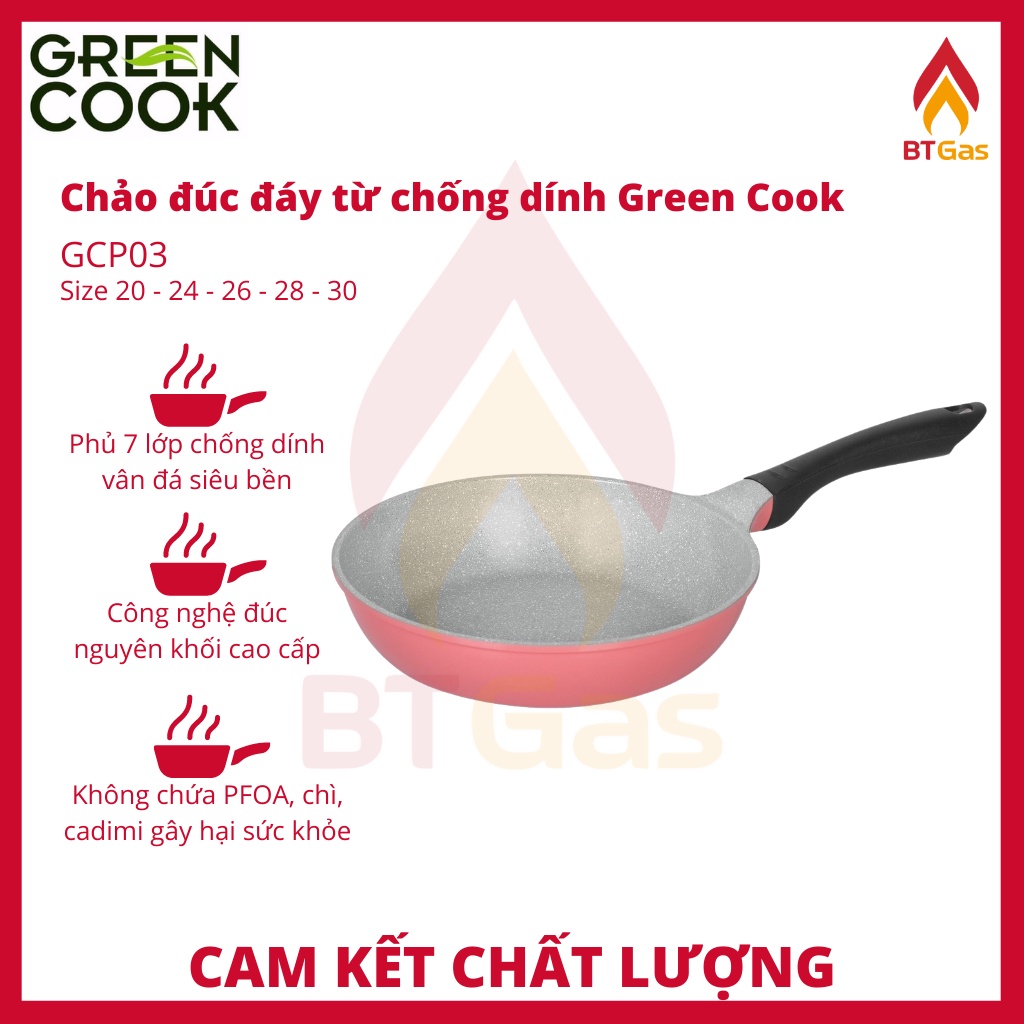 Chảo đúc chống dính men đá ceramic đáy từ Green Cook GCP03-IHP màu hồng công nghệ 7 lớp chống dính Hàn Quốc