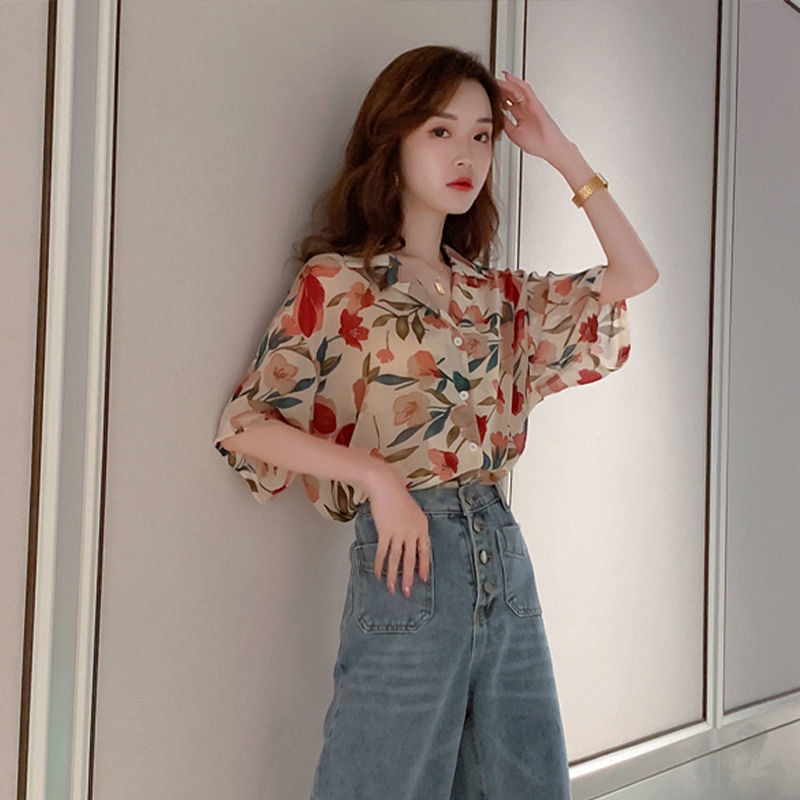 Áo Voan Hoa 164052 Áo Sơ Mi Dáng Rộng Thiết Kế Trẻ Trung Cá Tính