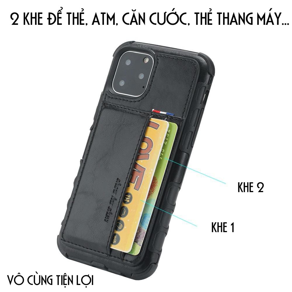 Ốp da Iphone 11, 11 Pro, 11 Pro Max kiêm 2 khe đựng thẻ, card + Tặng ngay miếng dán cường lực 4D