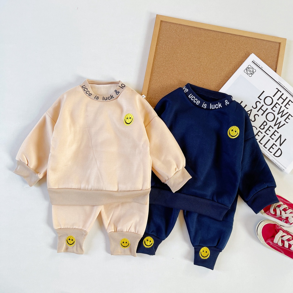 Bộ Nỉ Bông Thêu Hình Mặt Cười Cực Ấm Cho Bé Trai, Bé Gái  Từ 8-28kg MINKY BABY