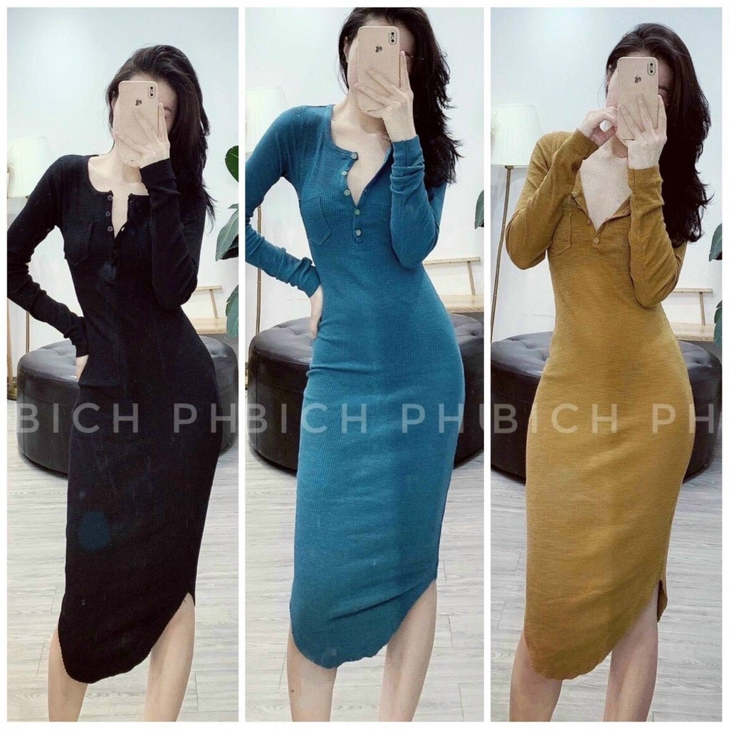 Váy Thun Nữ Dài Tay Cúc Cài Dáng Ôm - Đầm Body Cổ Tròn Sexy