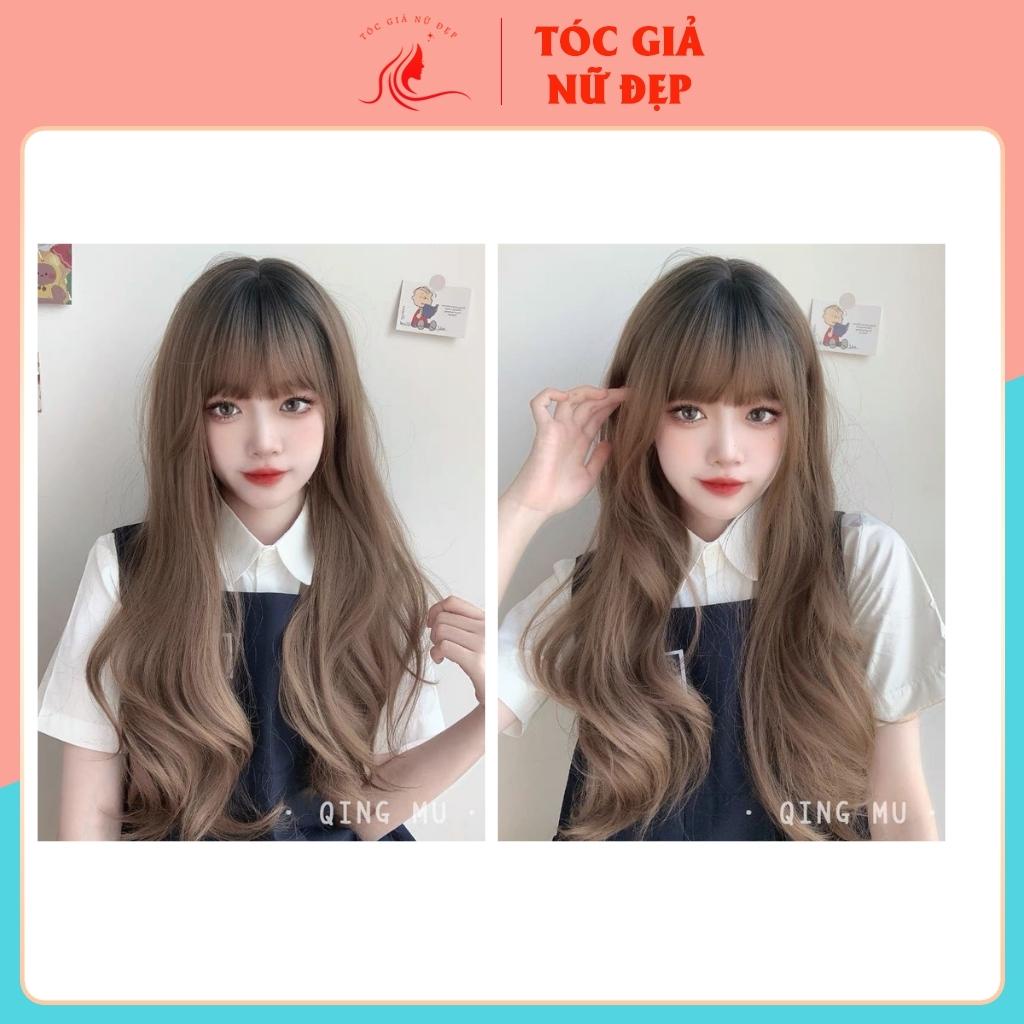 Tóc giả nữ nguyên đầu nhuộm chân đen xoăn nhẹ, tặng kèm lưới trùm tóc.