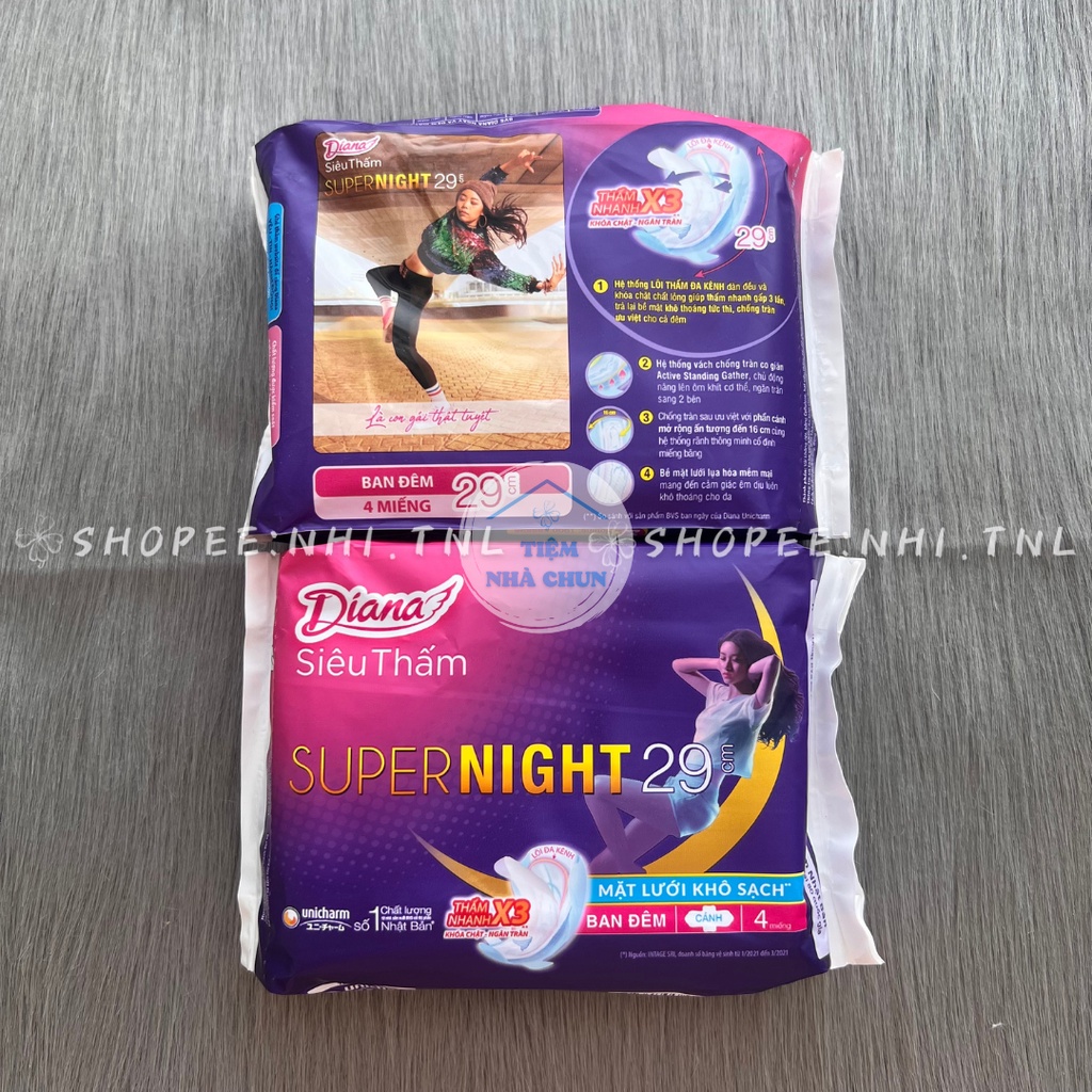 CHE TÊN - Gói 4 Miếng / Gói 12 Miếng BVS Super Night 29cm - Băng Vệ Sinh Ban Đêm Diana Siêu Thấm Night Mặt Bông- NHI.TNL