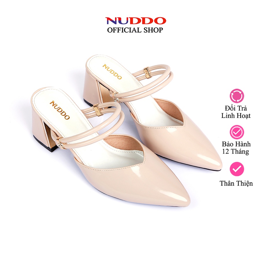 Giày Mules cao gót nữ 5 phân mũi nhọn đế vuông dáng sục nữ công sở thời trang Nuddo N046