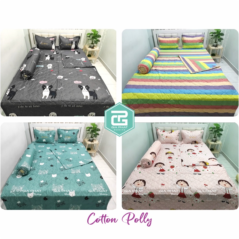 Bộ ga gối Cotton Poly 5 món Loại 1 ( 1 mền chần bông + 1 ga + 1 gối ôm + 2 áo gối thêu có khóa kéo)