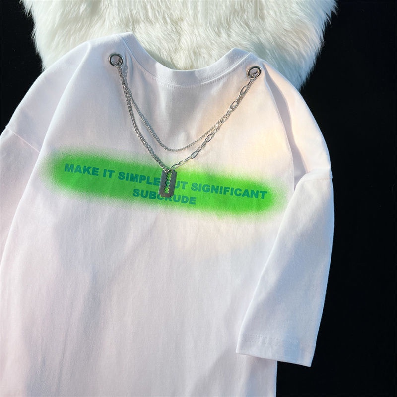 Áo Thun Cotton Ngắn Tay Dáng Rộng In Chữ Phối Dây Xích Kiểu Đường Phố Âu Mỹ Cá Tính Cho Nam Và Nữ