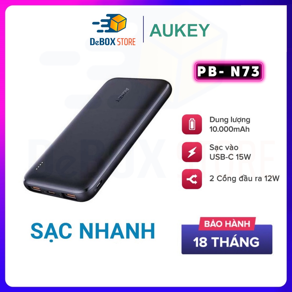 【Giao hàng nhanh】Sạc Dự Phòng Siêu Mỏng 10.000 mAh Aukey PB-N73 Sạc Nhanh Type C 15W, 2 Cổng USB-A - Chính hãng