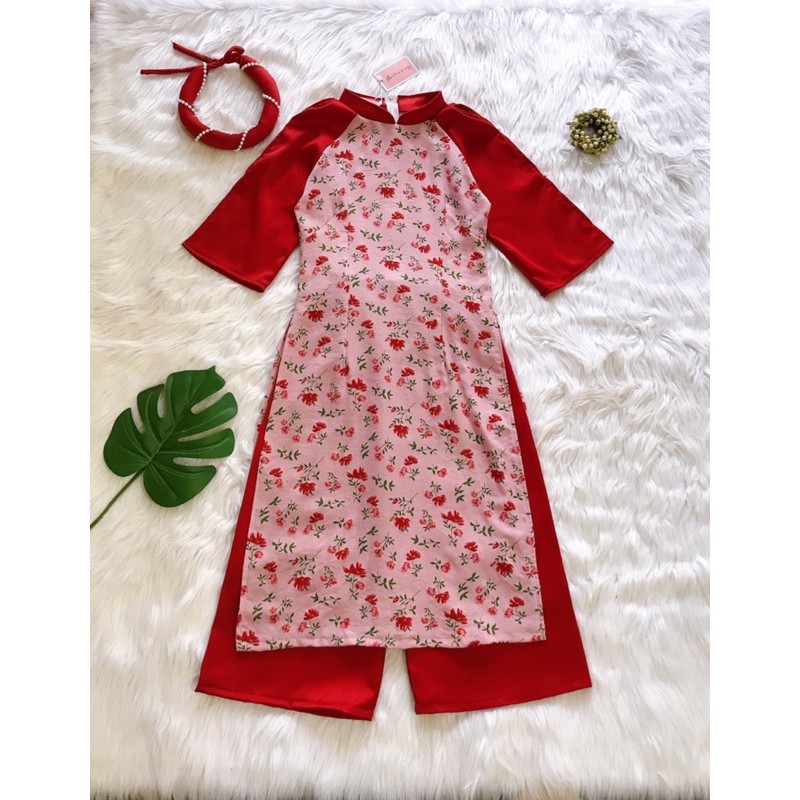 Áo dài nhung tăm hoa nhí hồng mẹ và bé 4-64kg