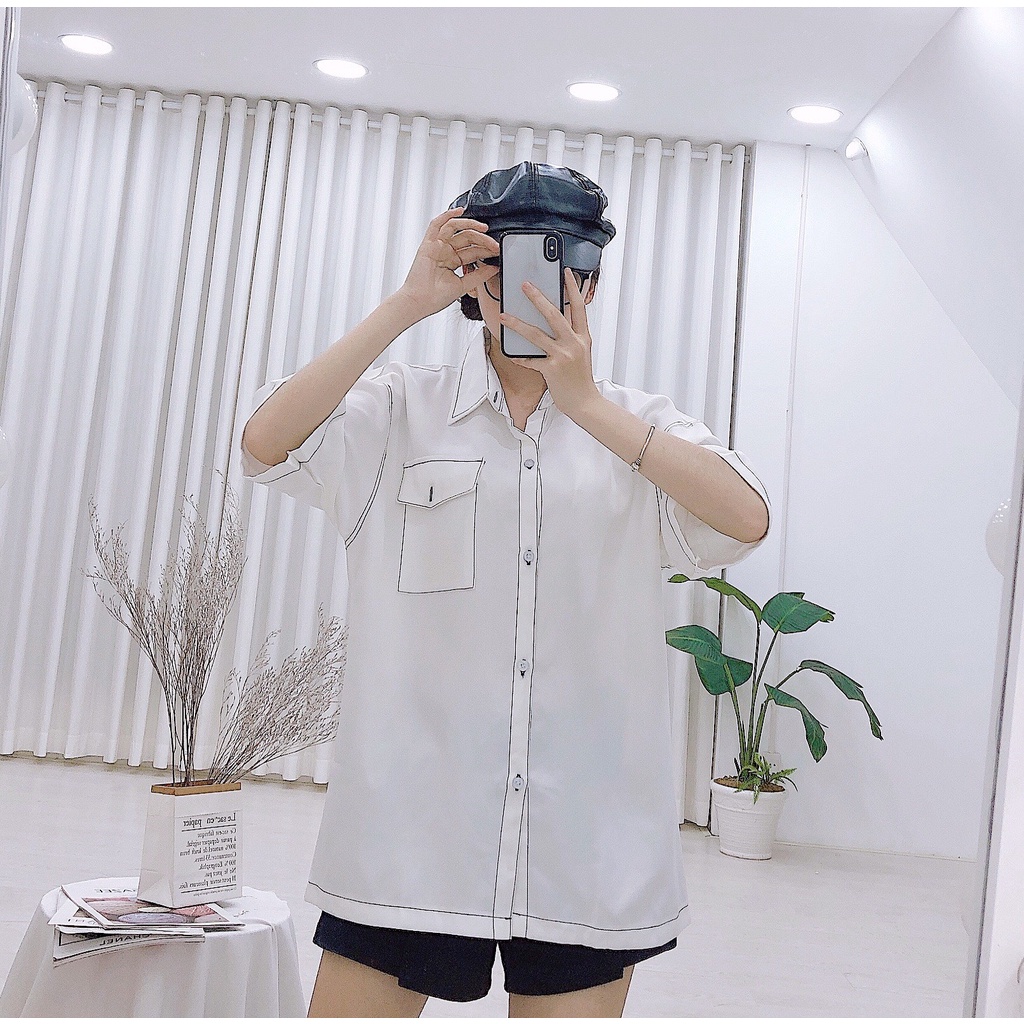 Áo Sơ Mi Nam Tay Lỡ Viền Chỉ Nổi Phong Cách Unisex 2 màu Đen Trắng