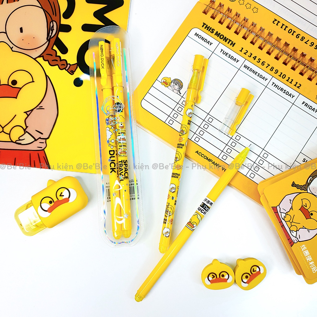 Set túi 2 bút kim học sinh có nắp in hình vịt cute Nomo Duck BeBie - BP522