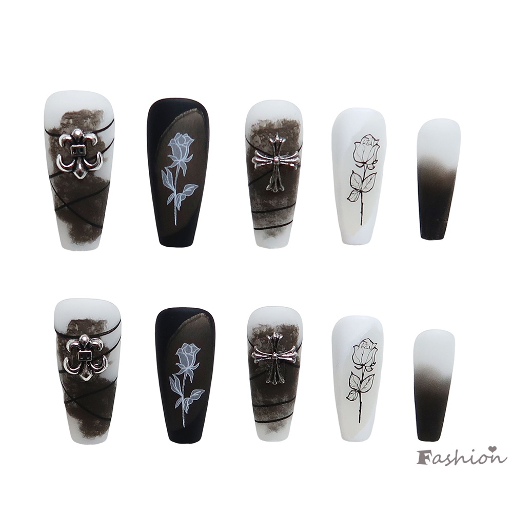 Móng Tay Giả Múa Ba Lê Dài Màu Sắc Tối Phong Cách Gothic Kèm Chữ Thập 3D Trang Trí Móng Tay Cho Học