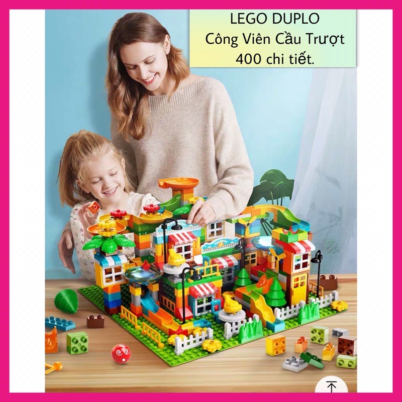 Xếp hình cho bé 400 chi tiết bộ đồ chơi lắp ráp cầu trượt cho bé hãng FEELO tương thích lego duplo