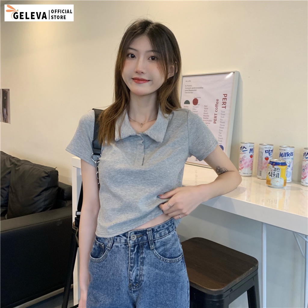 Áo polo croptop nữ tay ngắn có cổ vải cotton co dãn màu ghi Geleva GE918