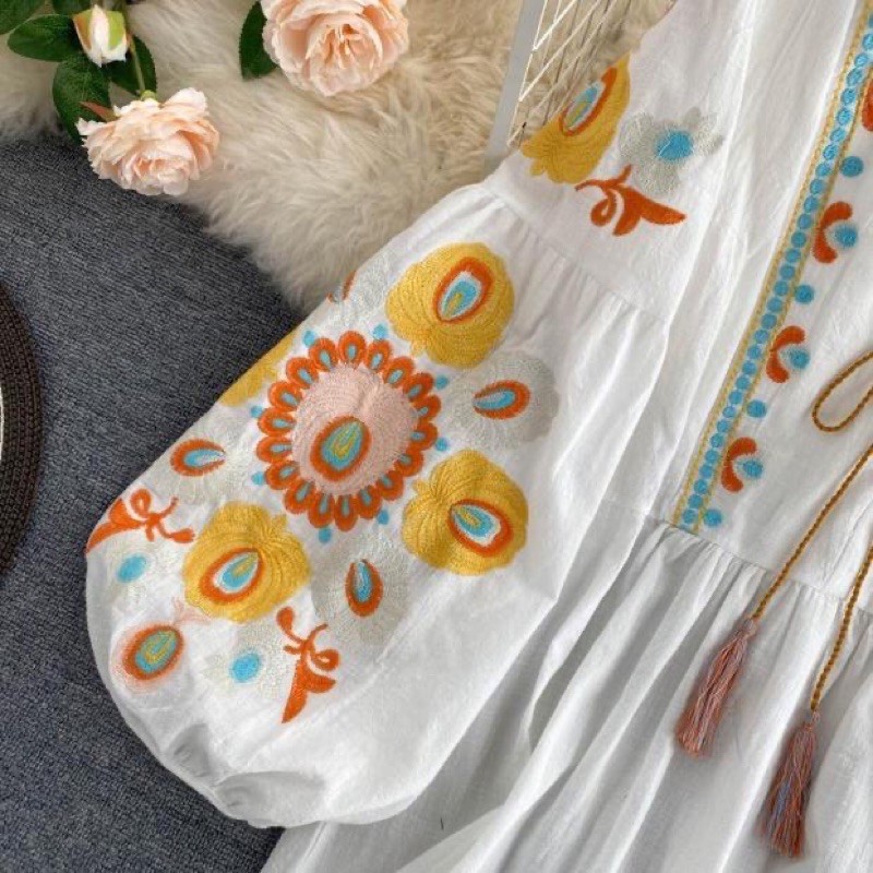 [HÀNG ORDER] Đầm baby doll thêu hoạ tiết hoa boho tay dài phồng dễ thương