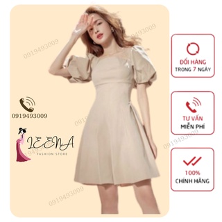 Đầm dạo phố cổ vuông tay phồng chất cotton dày dặn chích eo Jada DressĐầm dự tiệc