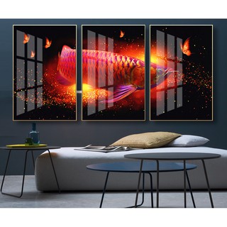 Tranh treo tường ghép bộ VTC tranh Cá rồng tài lộc chất liệu bóng kính hoặc vải canvas Ca rong 120x60 cm 3-8-2020