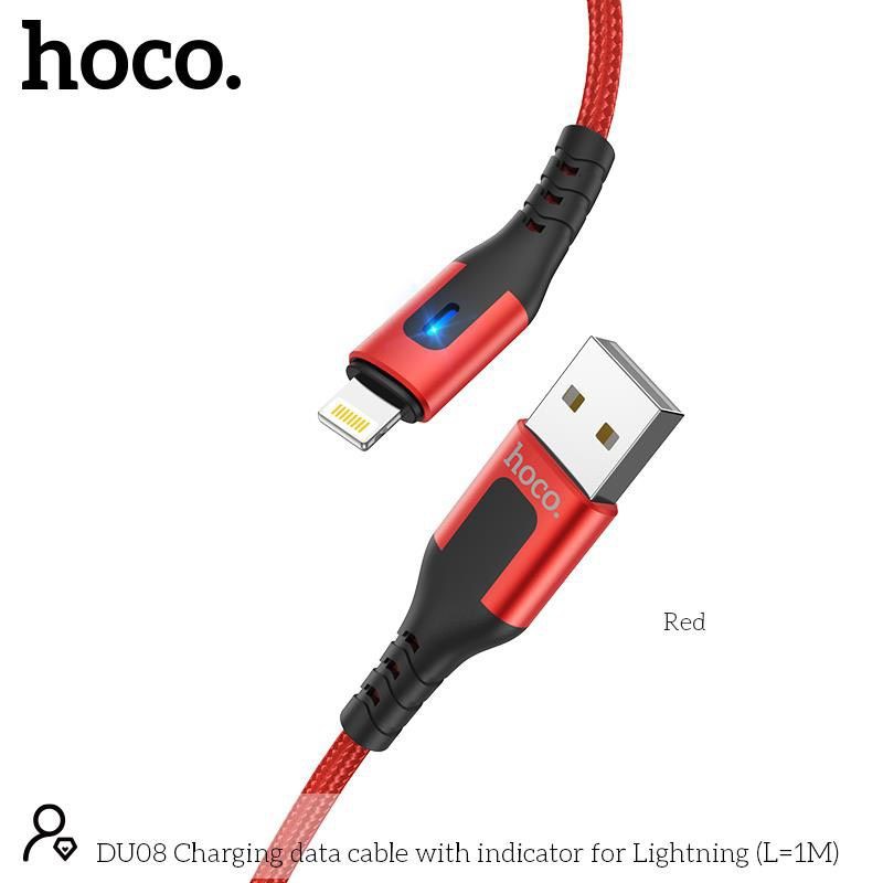 Cáp Sạc Lightning Báo Đèn Cho iPhone, iPad Hoco DU08 1M/2M - Sạc Nhanh 2.4A, Cáp Dây Dù Siêu Bền [CHÍNH HÃNG]