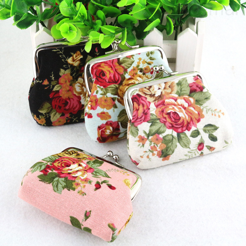 Ví đựng tiền xu vải canvas họa tiết hoa hồng đáng yêu mini dành cho nữ