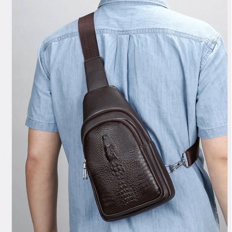 Túi đeo chéo da bò dập Vân cá sấu, túi xách da bao tử nam đeo ngực hông bụng cao cấp đẹp - A&ESHOP 65657