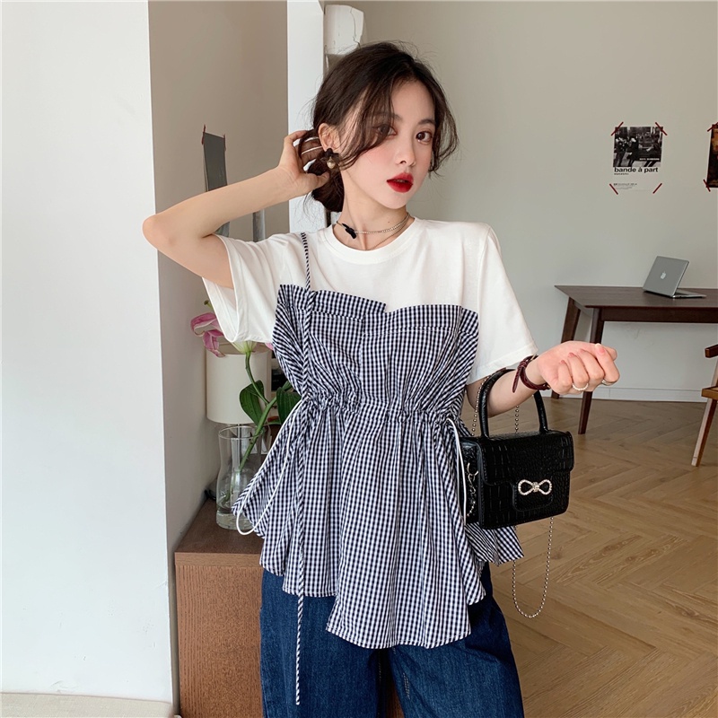 Áo thun tay ngắn cổ tròn in họa tiết sọc caro đơn giản